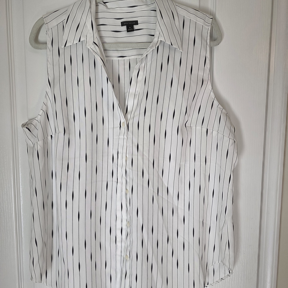 Ann Taylor Sleeveless White and Black Striped Blouse